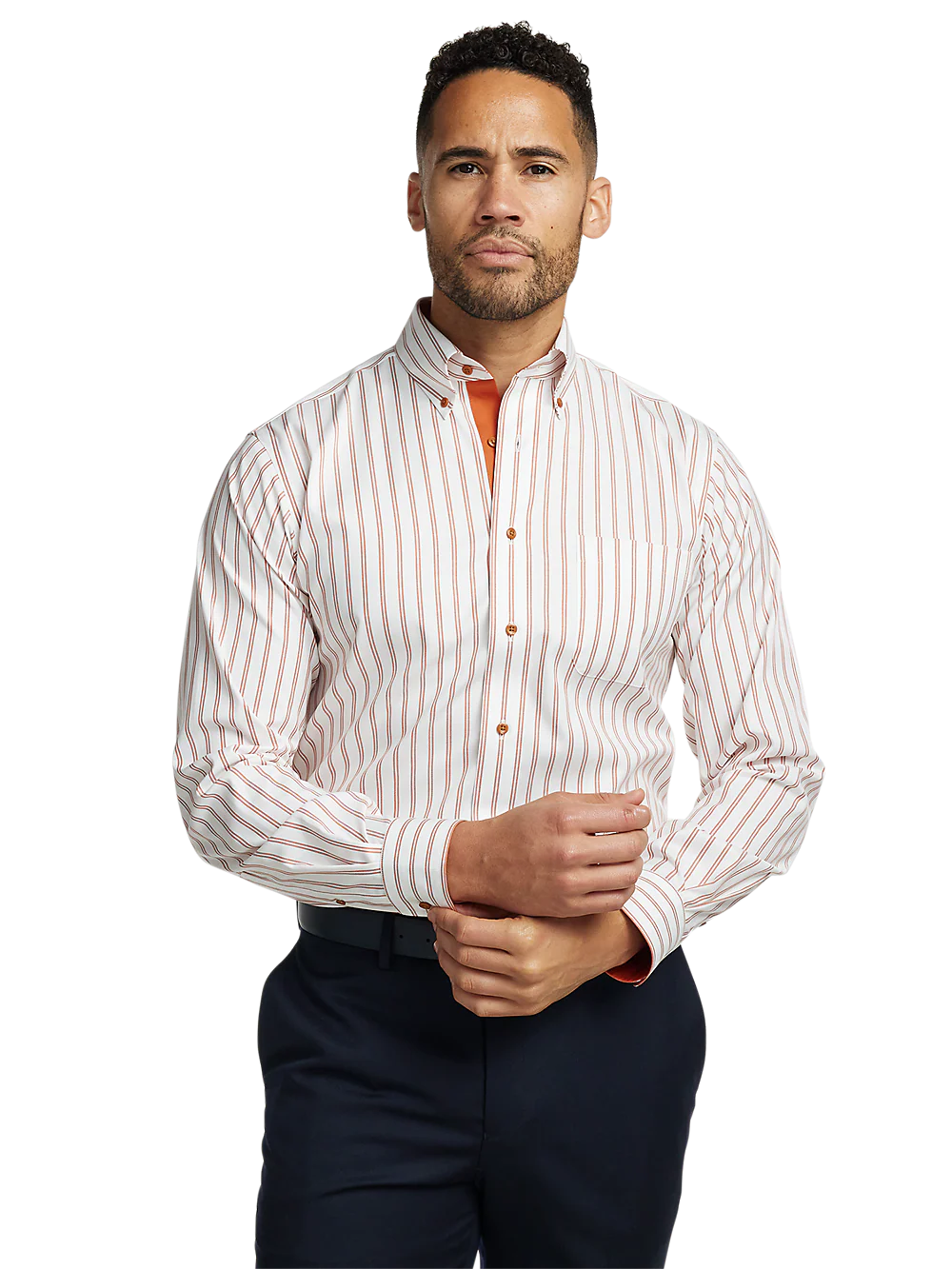 Comfort Stretch Non-Iron Stripe Dress Shirt With Contrast Trim - Rust - Image 2
