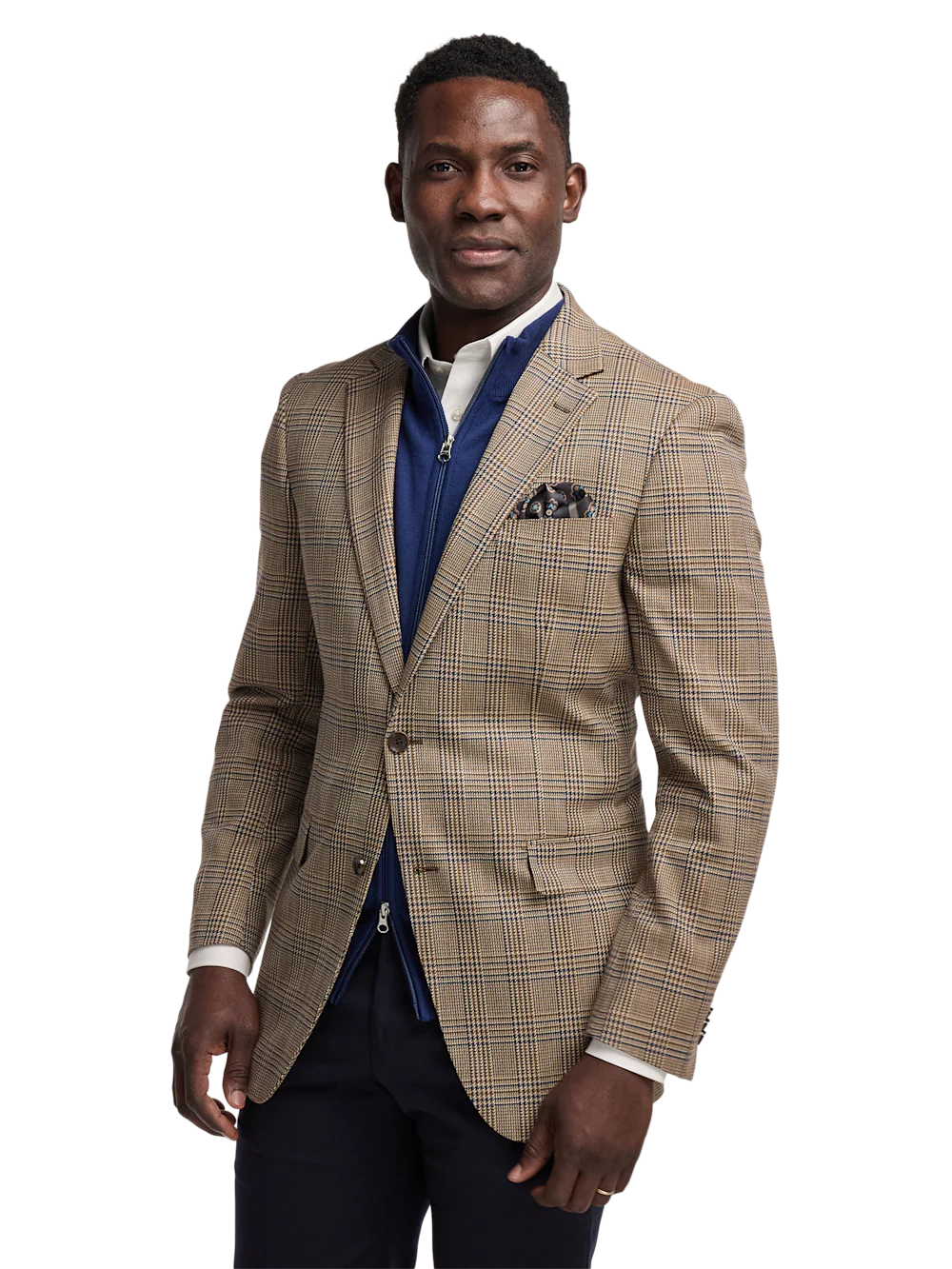 Microfiber Plaid Single Breasted Notch Lapel Sport Coat - Brown/navy - Image 2