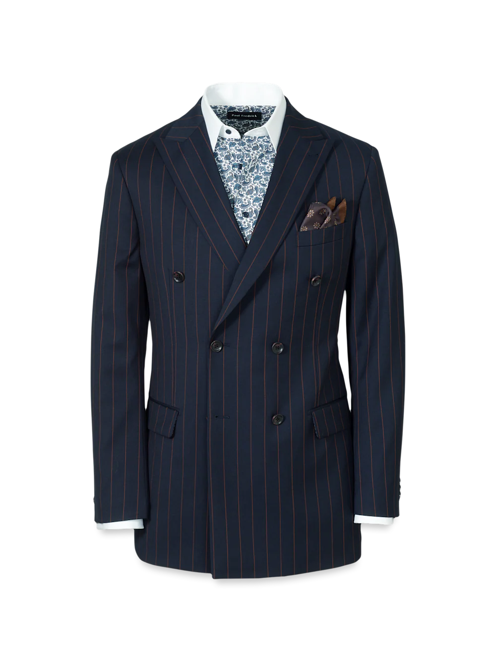 Navy/Brown Wool Stripe Double Breasted Peak Lapel Suit Jacket - Navy/brown