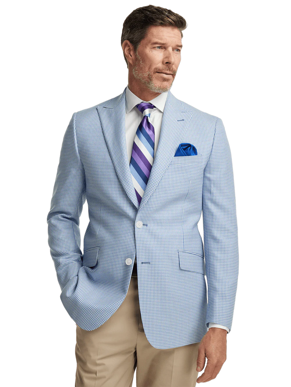 Wool Houndstooth Single Breasted Peak Lapel Sport Coat - Ocean Blue - Image 2