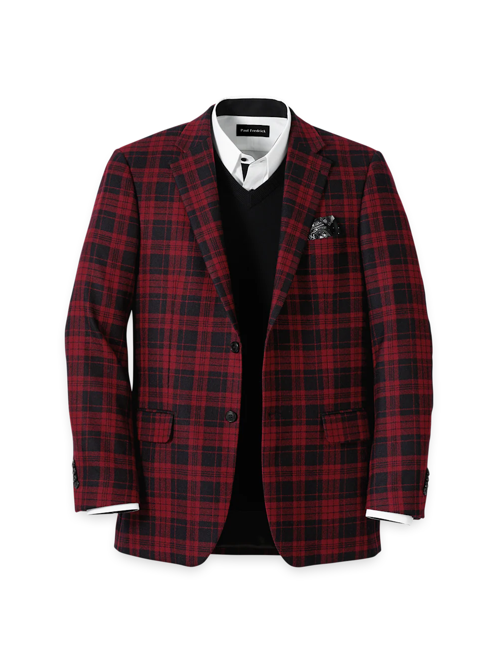 Wool Plaid Single Breasted Notch Lapel Sport Coat - Black/red