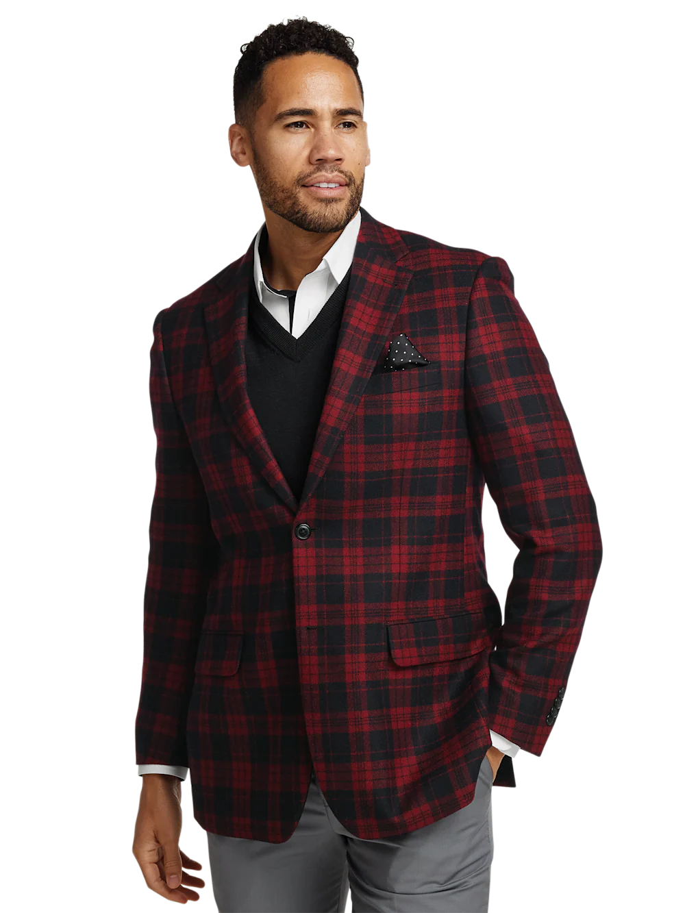 Wool Plaid Single Breasted Notch Lapel Sport Coat - Black/red - Image 2
